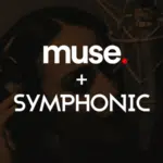 A person wearing headphones sings into a studio microphone, channeling their inner Muse, with the text "muse. + SYMPHONIC" boldly overlaid.