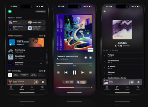 Three smartphone screens display a dark-themed music streaming app interface showing playlists, albums, and currently playing tracks.