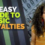 A woman with curly hair stands beside a wall with colorful stripes and text that reads, “An Easy Guide to Music Royalties. Music Biz 101.”.