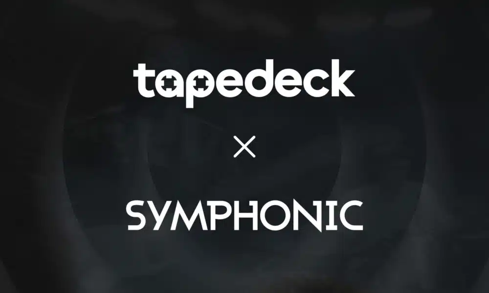 The image shows the logos of "tapedeck" and "SYMPHONIC" with an "x" between them, indicating a collaboration. The background is dark and abstract.