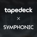 The image shows the logos of "tapedeck" and "SYMPHONIC" with an "x" between them, indicating a collaboration. The background is dark and abstract.