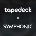 The image shows the logos of "tapedeck" and "SYMPHONIC" with an "x" between them, indicating a collaboration. The background is dark and abstract.