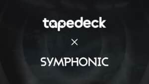 The image shows the logos of "tapedeck" and "SYMPHONIC" with an "x" between them, indicating a collaboration. The background is dark and abstract.