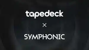 The image shows the logos of "tapedeck" and "SYMPHONIC" with an "x" between them, indicating a collaboration. The background is dark and abstract.