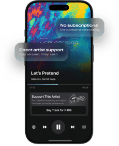 A smartphone screen displays a music app playing "Let's Pretend" by Galleons and Garret Rapp, highlighting features like no subscriptions and direct artist support.