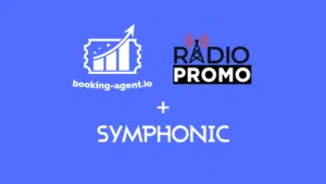 Logos of booking-agent.io, Radio Promo, and Symphonic—key players in music booking—are displayed on a blue background, separated by plus signs.