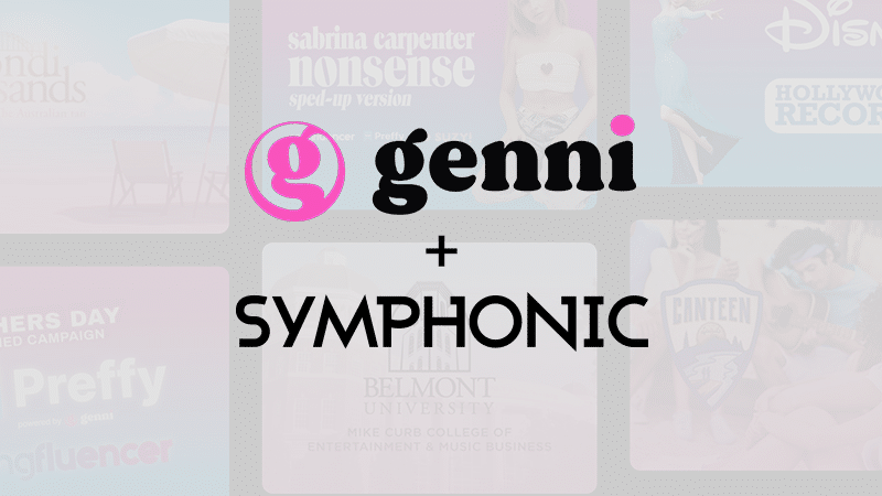 Genni and Symphonic logos are displayed prominently, with various music-related promotional images blurred in the background.