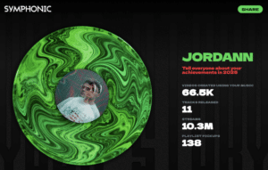A green marbled vinyl record displays an image of a man in a white shirt. Your Story 2025 highlights Jordann's music stats: 66.5K videos, 11 tracks, 10.3M streams, and 138 playlist pickups.