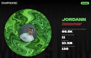 A green marbled vinyl record displays an image of a man in a white shirt. Your Story 2025 highlights Jordann's music stats: 66.5K videos, 11 tracks, 10.3M streams, and 138 playlist pickups.