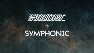 Text "Syndicast + Symphonic" displayed in bold fonts on a textured dark background.