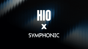 Bold white "HIO x SYMPHONIC" text stands out on a dark, gradient background with blurred blue and black vertical lines, emphasizing HIO’s sleek and modern style.