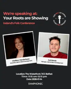 Promotional poster for Ireland's Folk Conference featuring photos of Madison Vanderhorst and Gui Morais, with event details for their speaking session on January 14, 2026, in Belfast.