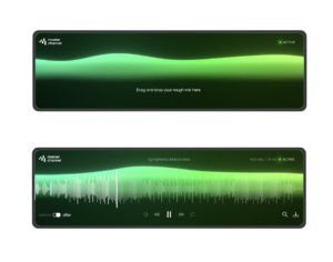 Two digital audio interface screens feature green waveforms; the top shows an AI-powered drag-and-drop prompt, while the bottom displays playback controls and audio details.
