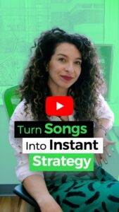 A woman with curly hair sits in a green chair next to a window, with text on the image: "Turn Songs Into Instant Campaign Strategy." A red play button icon is centered over the image.
