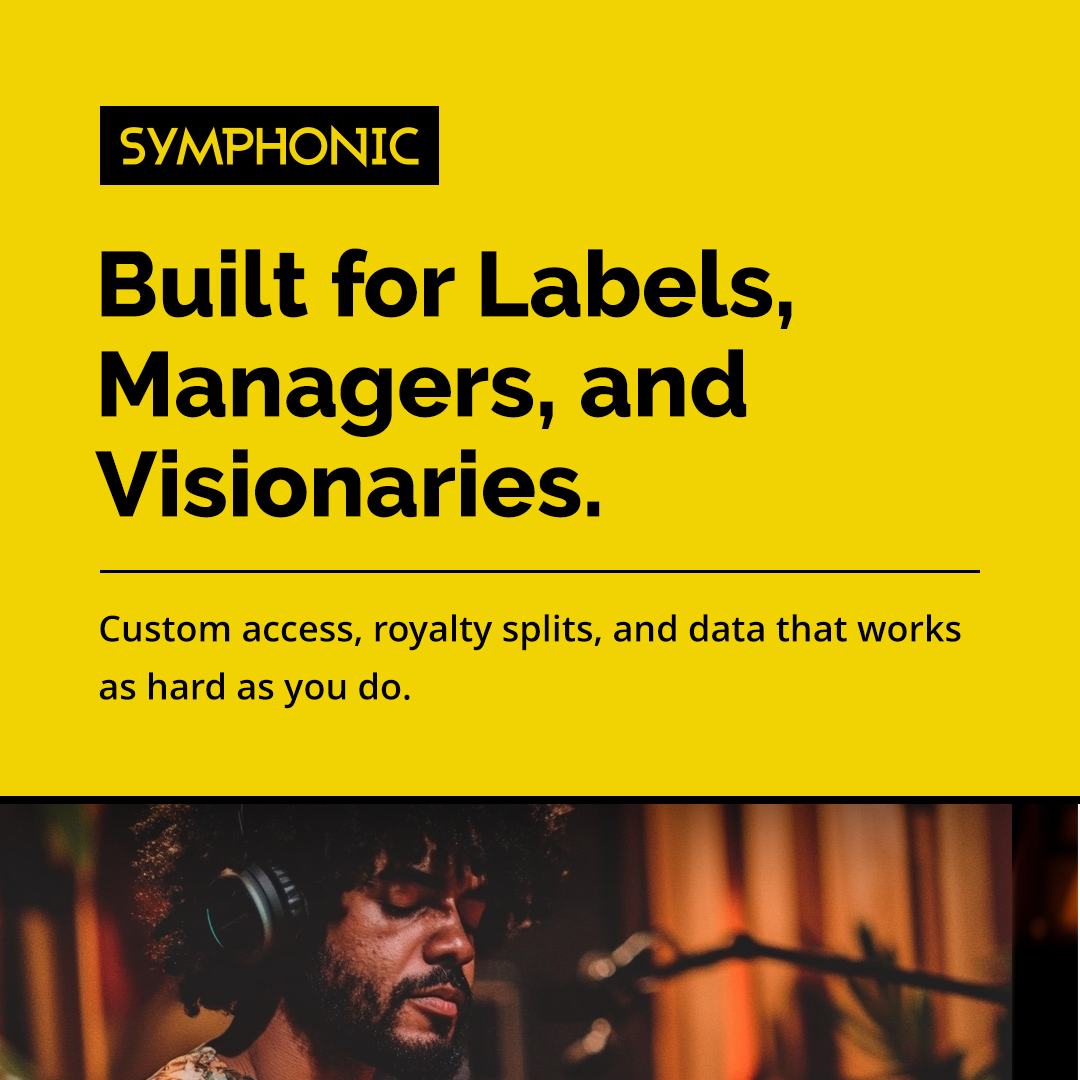 Yellow graphic with black text reading: "Two Decades In. Still Independent." Subtext explains Symphonic remains independently owned and supports indie labels. Partial view of people using devices at bottom.