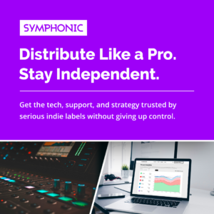 Promotional graphic for Symphonic featuring text about music distribution and music promotion, with images of a soundboard and a laptop displaying analytics graphs.