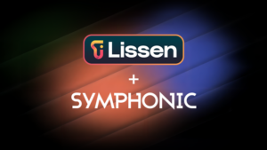 Lissen logo above the word "Symphonic" with a plus sign between them, set against a vibrant, Lissen-inspired colorful gradient background.