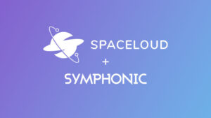 Spaceloud and Symphonic logos appear on a purple-to-blue gradient background, with a plus sign between the names indicating a partnership or collaboration.
