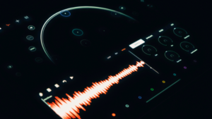 A digital audio interface screen displaying a red sound wave, circular controls, and various AI-powered sound adjustment knobs in low light.