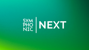 White text on a green gradient background reads "SYMPHONIC" stacked vertically next to a vertical line, followed by the word "NEXT" in bold capital letters.