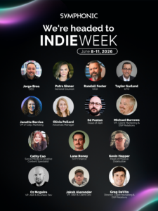 A promotional poster for Symphonic announces attendance at A2IM Indie Week 2026, featuring headshots and titles of 13 team members against a dark background.