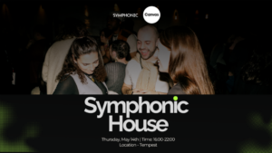 A group of people socializing indoors at an event during The Great Escape. Text overlay reads "Symphonic House, Thursday, May 14th, 16:00-22:00, Location: Tempest.
