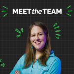 A smiling woman in a blue shirt stands with arms crossed under the text "Meet the Team," set against a black grid background with green doodle accents, highlighting the spirit of teamwork.