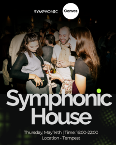 A group of people socialize at an indoor event during The Great Escape. Text reads: "Symphonic House, Thursday, May 14th, 16:00-22:00, Location - Tempest." Logos for Symphonic and Canvas are at the top.