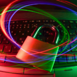 A padlock sits on a laptop keyboard with swirling red and blue light trails, representing cybersecurity, data protection, and copyright security in the digital world.
