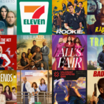 A collage of various TV show and movie posters arranged in a grid, featuring titles, cast images, and Bodega Sync placements, with a 7-Eleven logo prominently displayed in the center.