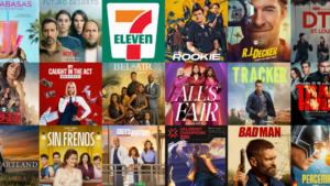 A collage of various TV show and movie posters arranged in a grid, featuring titles, cast images, and Bodega Sync placements, with a 7-Eleven logo prominently displayed in the center.