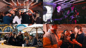 A collage of four scenes showing people socializing at a bar, listening to live music, chatting outdoors, and enjoying drinks at a casual gathering.