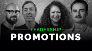 Four people are shown above the words "Leadership Promotions" in bold white and green text on a grayscale background.