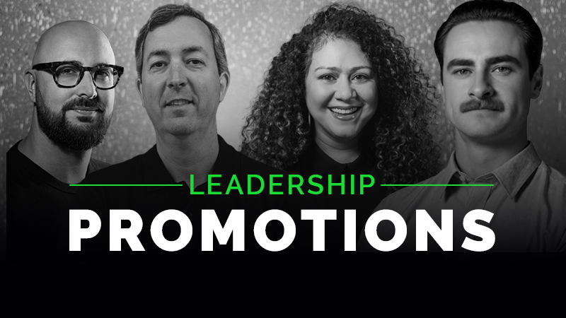 Four people are shown above the words "Leadership Promotions" in bold white and green text on a grayscale background.
