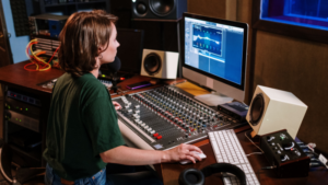A person adjusts controls on an audio mixing console while working at a computer with sound editing software open in a recording studio, exploring AI dataset licensing for music production.
