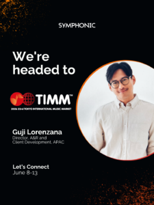 Promotional graphic announcing Symphonic’s participation in the 2026 Tokyo International Music Market, featuring Guji Lorenzana and event dates June 8-13.