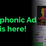Green text reads "Symphonic Ad Box is here!" next to an interface featuring AI-powered music ads, music ad performance metrics, artist images, and campaign details on a black and white background.