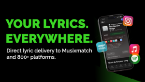 A smartphone displays a lyrics app, surrounded by music and social media icons. Text reads: "Your lyrics. Everywhere. Direct lyric delivery to Musixmatch and 800+ platforms.