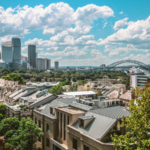 A cityscape featuring modern high-rise buildings, leafy residential areas, and the Sydney Harbour Bridge under a partly cloudy sky, capturing the creative spirit of Indie-Con in a vibrant urban setting.